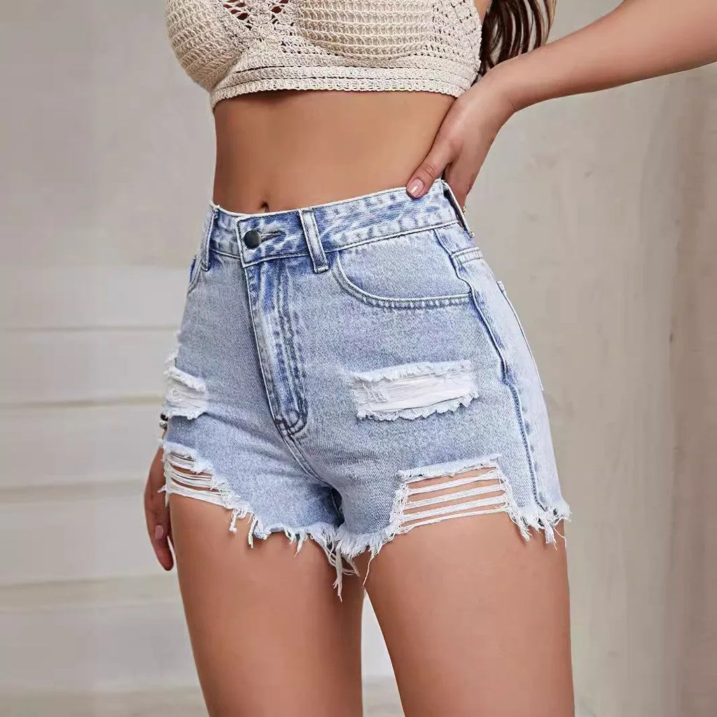 Women's Fashion Frayed Denim Shorts 2026 Summer Straight Slimming Shorts Female Hot Pants
