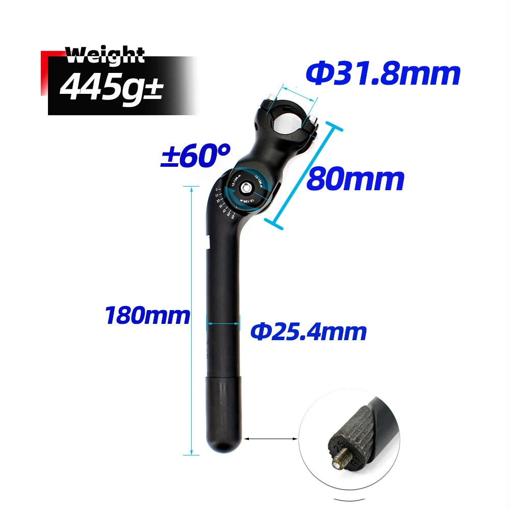 UNO Adjustable Bike Quill Stem 60 Degree Handlebar Stem Riser City Bicycle Front Fork Stem With Quill 25.4 x180mm Stem Extender
