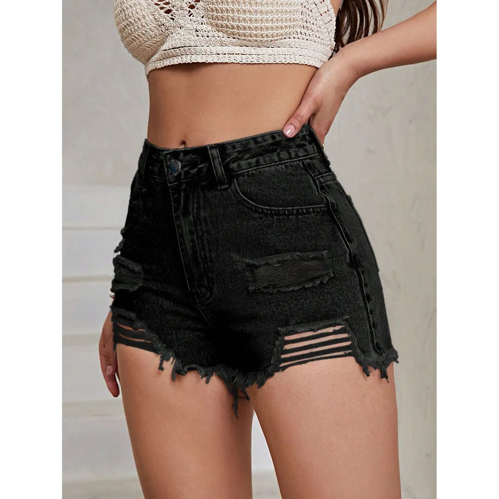 Women's Fashion Frayed Denim Shorts 2026 Summer Straight Slimming Shorts Female Hot Pants