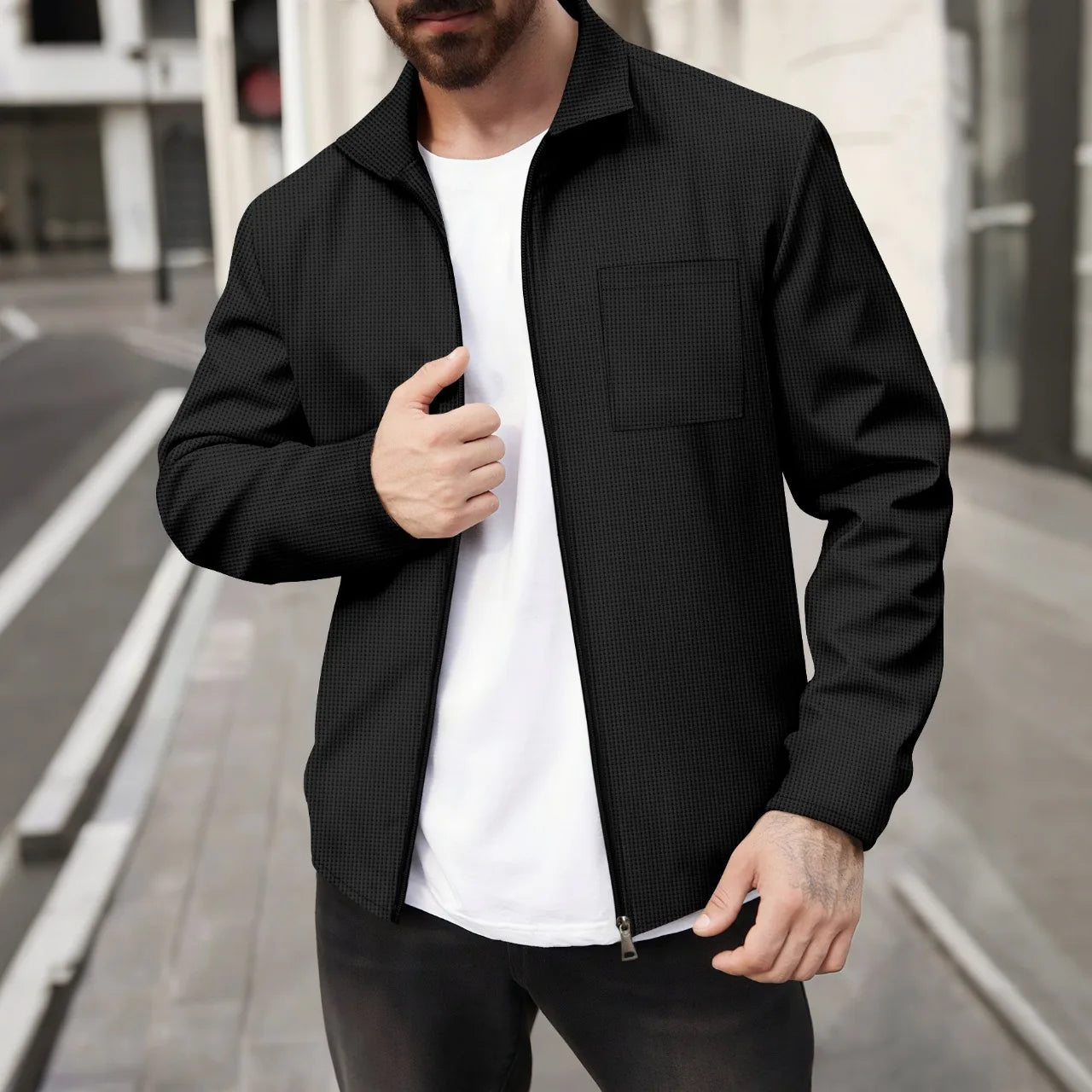 2026 Spring Autumn Men's Waffle Knitted Pocket Lapel Slim Fit Cardigan Jacket Youth Casual Streetwear Lightweight Outerwear