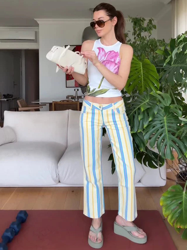 Red White Striped Balloon Pants Women's Elastic Waist Wide Leg Baggy Casual Trouser 2026 Summer New Streetwear Loose Fit Pants