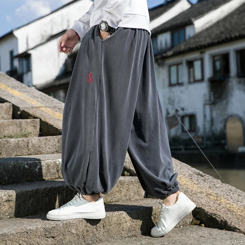 2024 Autumn Winter Men Polar Fleece Pants Men Velvet Retro Harem Pants Male Solid Color Wide Leg Pants Harajuku Jogging Trousers
