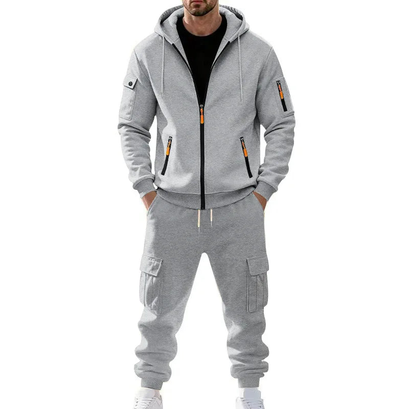 Men's Full Zip Hooded Tracksuit 2 Piece Set Casual Cargo Pocket Jogger Suit Outdoor Sports Hoodie And Pants Set