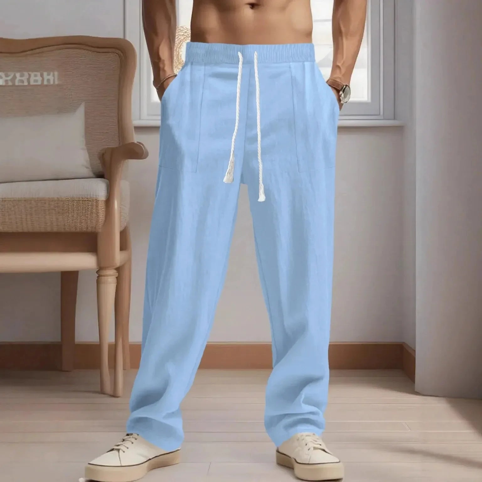 Men's Cotton-Linen Casual Breathable Pants Loose Straight Cut Streetwear Sporty Long Trousers Comfortable Fashion