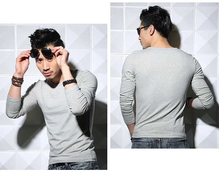 Men's Long Sleeve V Neck T Shirt 2026 MRMT Men T-shirt Slim Solid Tight Man T Shirt Tops Tees Clothing