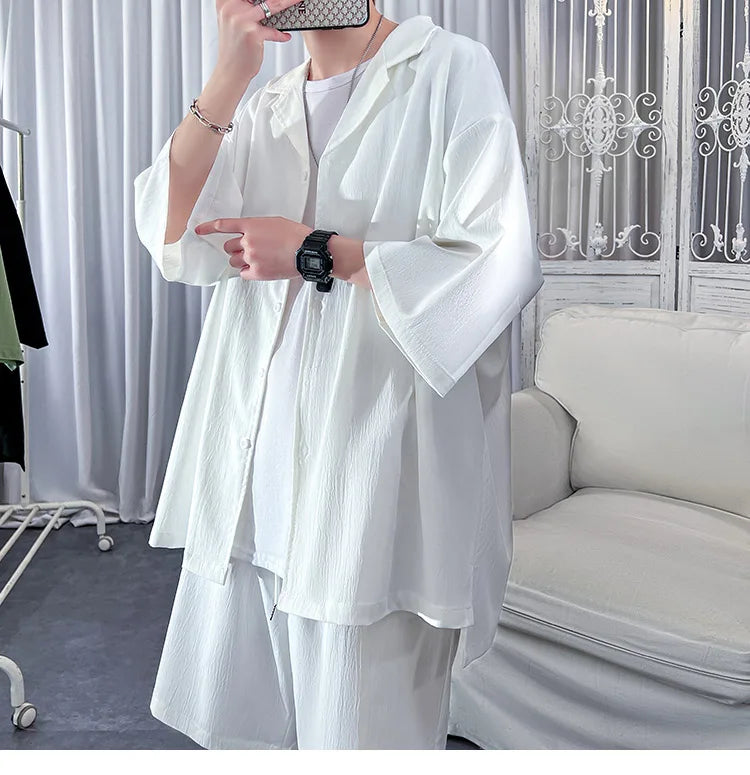 Korean Style Men's Set Shirt+Shorts Solid Short Sleeve Top Matching Bottoms Summer Fashion Oversized Clothing Men