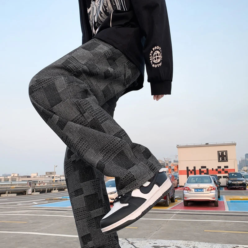 Blue Black Plaid Jeans Men Retro Casual Wide-leg Jeans Mens Streetwear Loose Hip-hop Straight Denim Trousers Men Vintage Jeans