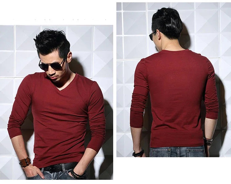 Men's Long Sleeve V Neck T Shirt 2026 MRMT Men T-shirt Slim Solid Tight Man T Shirt Tops Tees Clothing