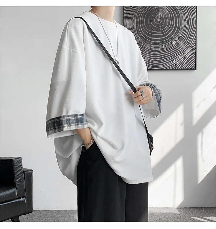 men t shirts Summer Men's T-shirts Women Oversized 2XL Korean Style Loose Plaid T-shirt Casual Seven sleeves T-Shirt Male White