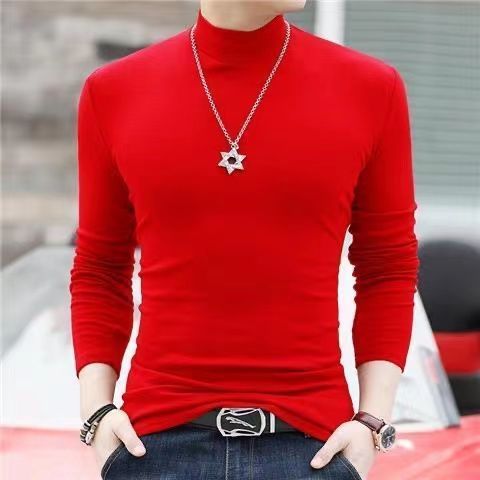 Korean Clothing Blouse Oversize Golf Wear Casual Full Cotton Men's Turtleneck Base Shirt Simple Solid Color Long Sleeve Tops Tee