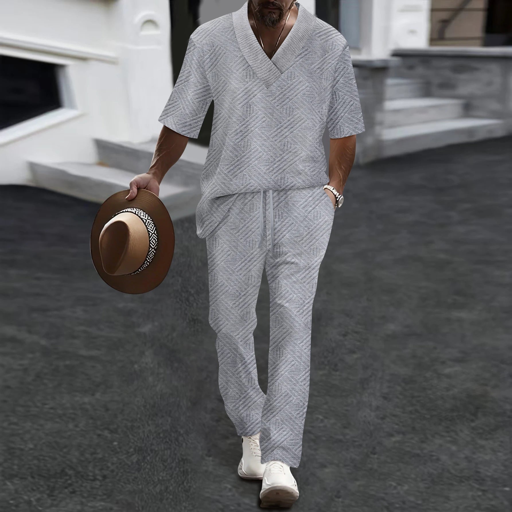 2026 Men's Spring Autumn Geometric Textured 2 Piece Set V-Neck Short Sleeve Top & Drawstring Pants Tracksuit
