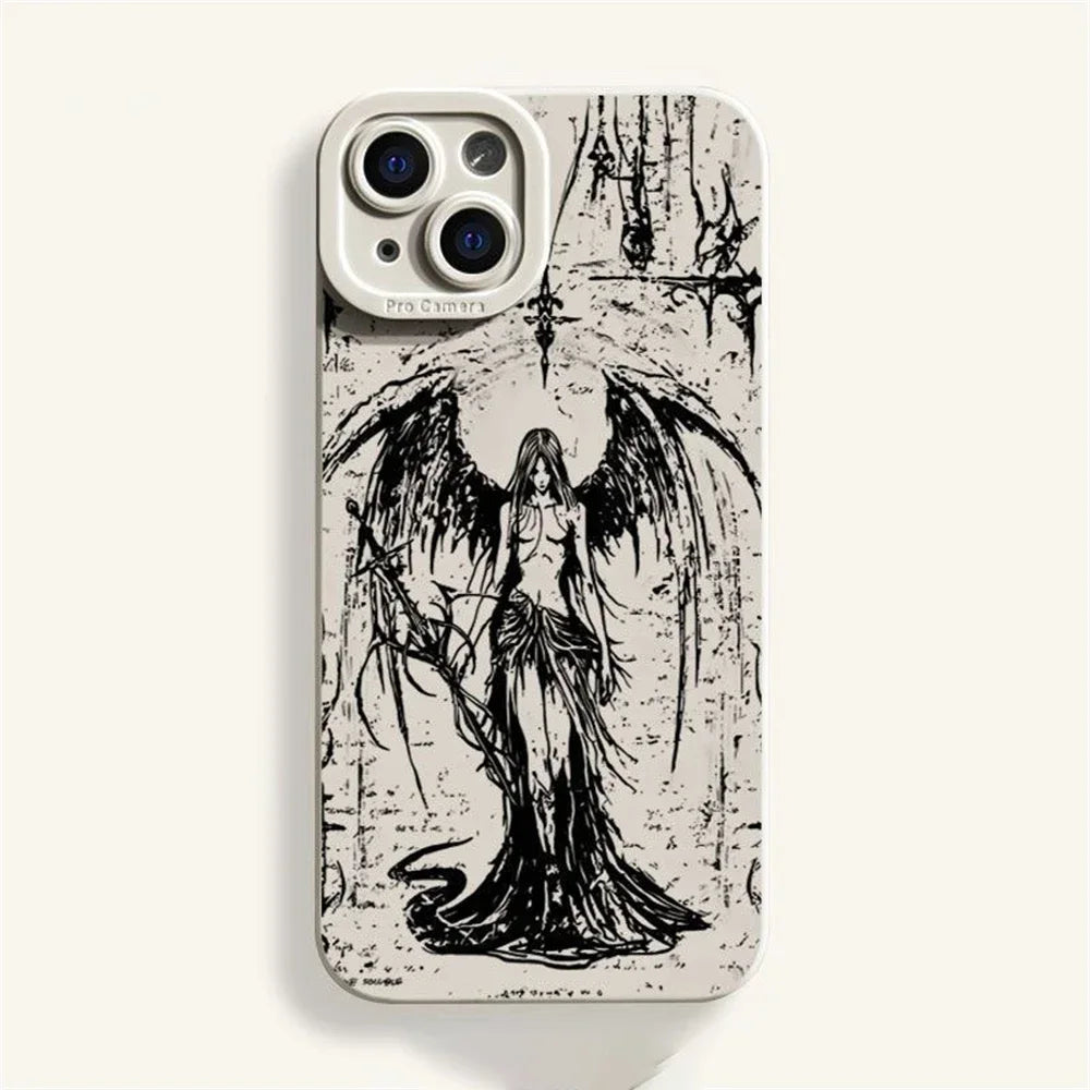Super Cool Luxury Black Angel Death demon Phone Case For iPhone 16 15 14 13 12 11 Pro Max XS MAX XR 7 8 PLUS Y2K Silicone Cover
