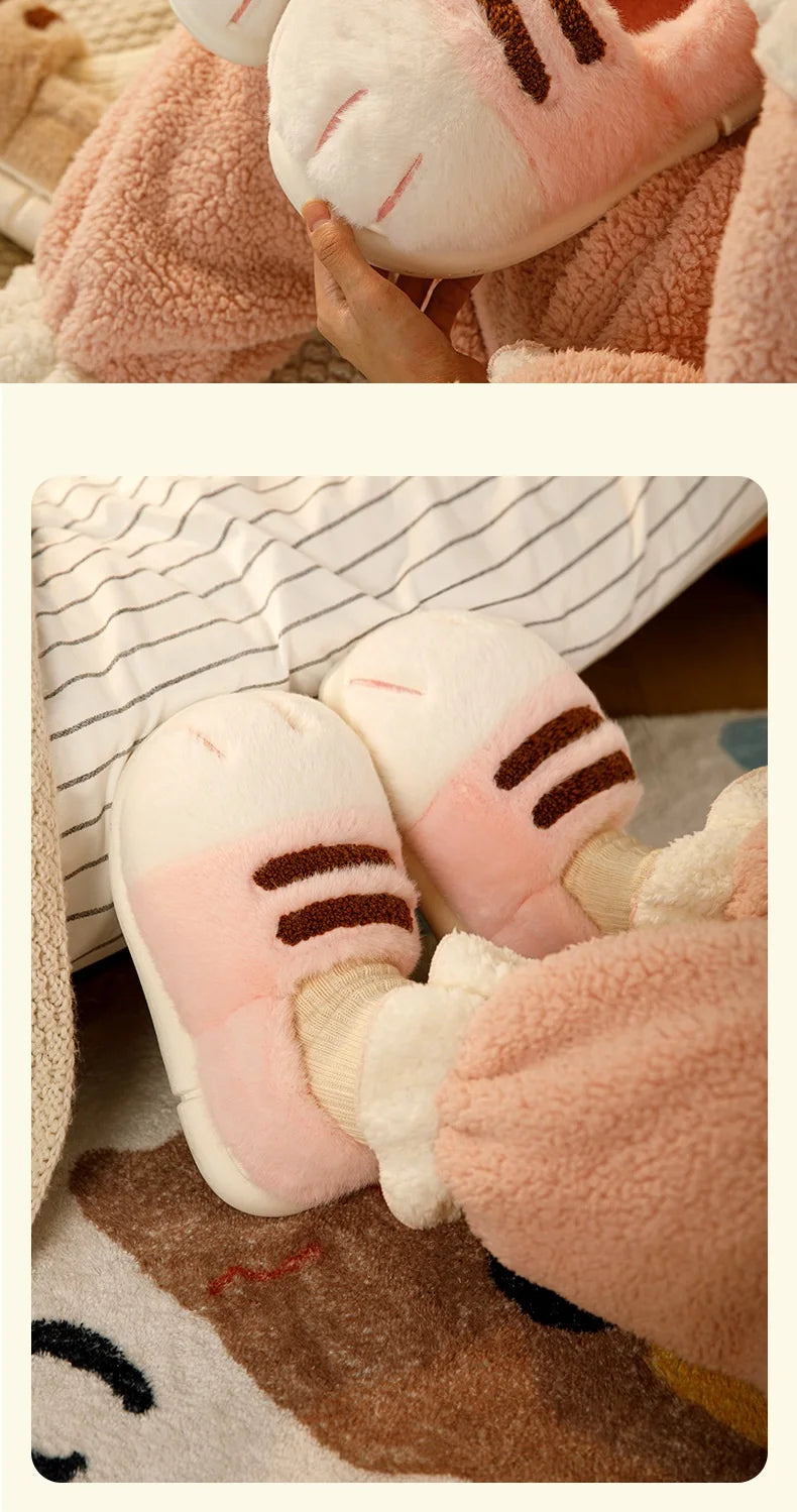Newest cat paw feet slippers woman fluffy closed heel home shoes for women winter warm slip on animal claw slipper furry loafer