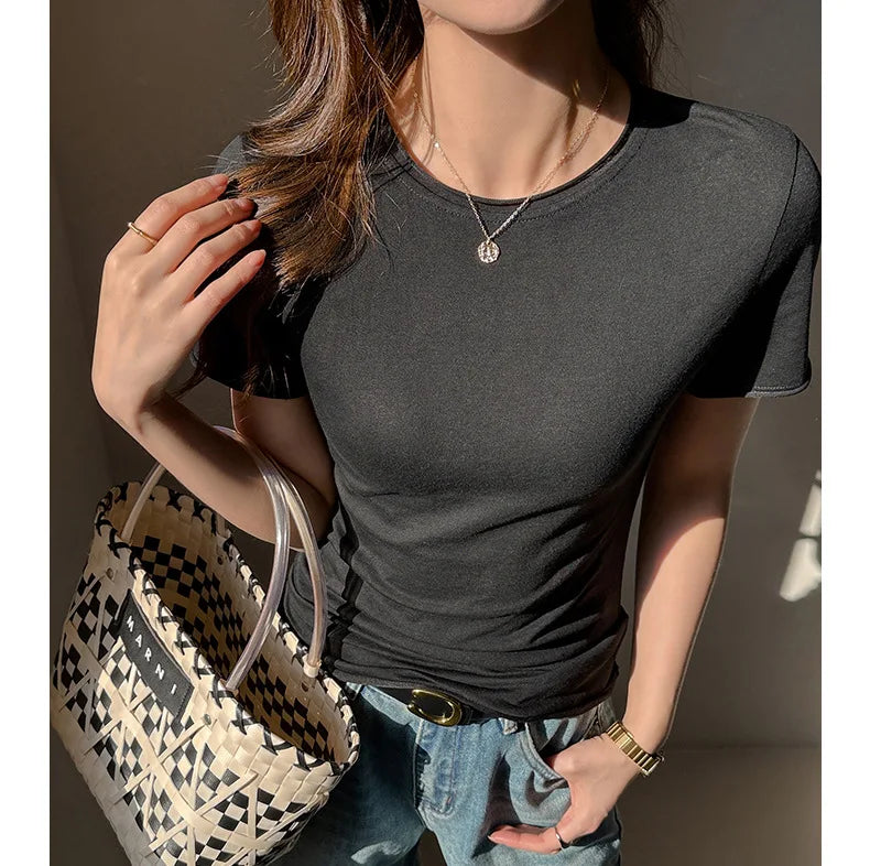 Solid Color Slim Fit Short Sleeve T Shirt for Women Summer New Cotton Blended Basic Tees Woman Thin Breathable Crew Neck T-shirt
