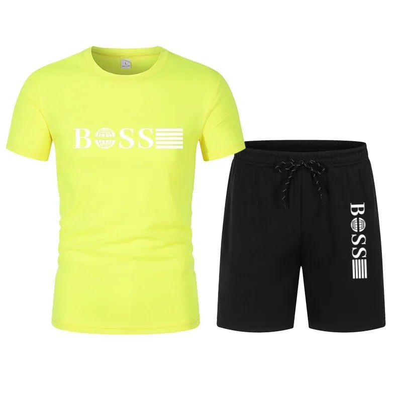 Spring and Summer New Two-piece Men's Running T-shirt and Short Casual Elastic Round Neck Sports Suit Comfortable Quick Drying