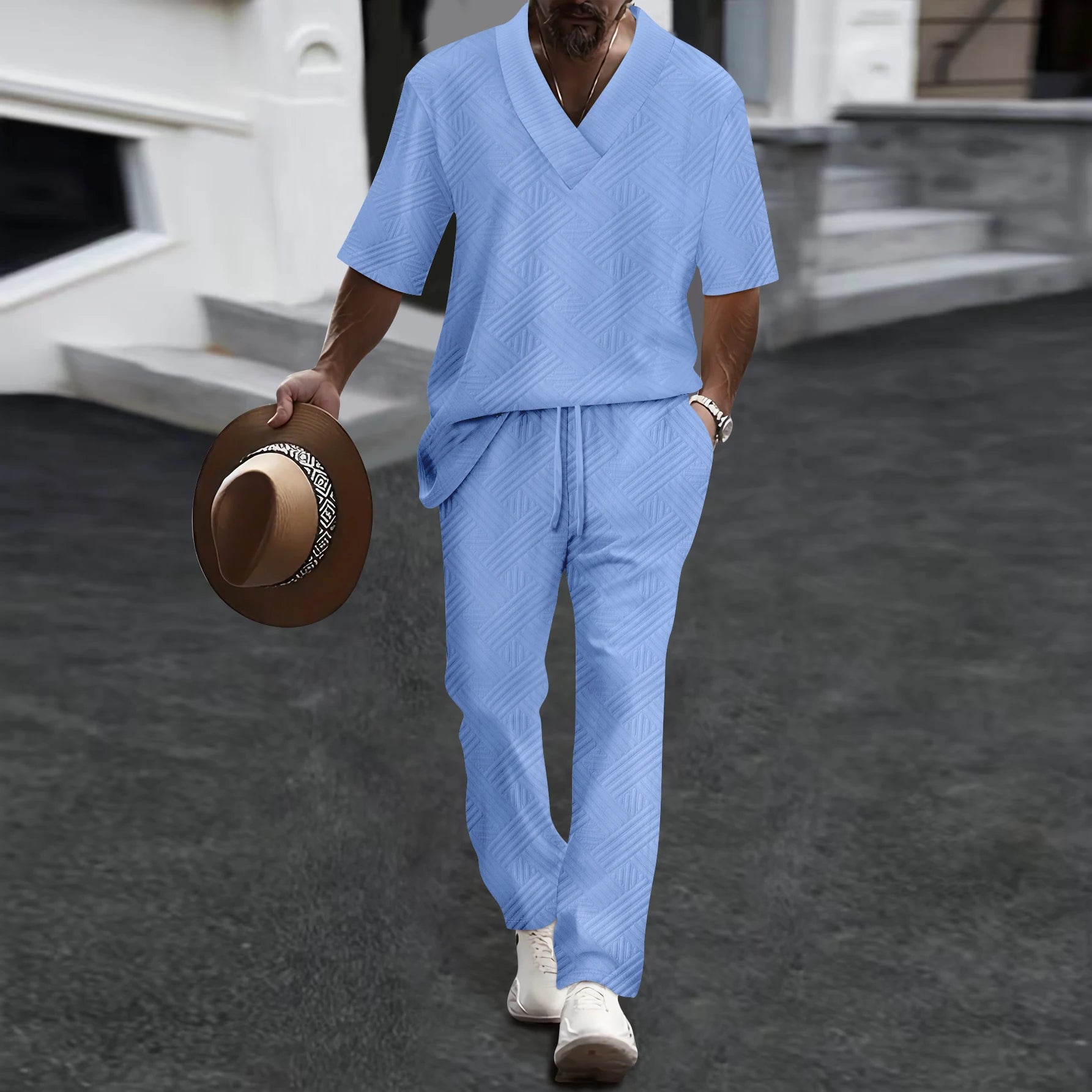 2026 Men's Spring Autumn Geometric Textured 2 Piece Set V-Neck Short Sleeve Top & Drawstring Pants Tracksuit