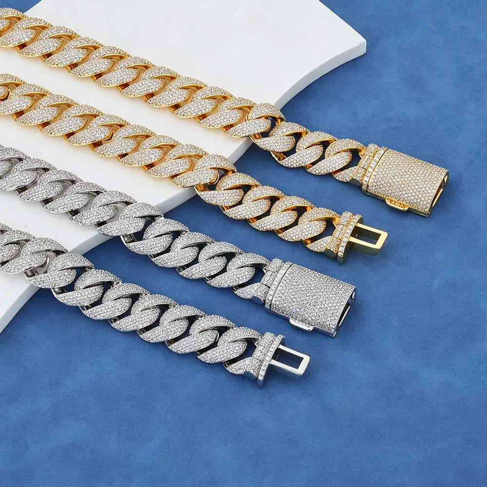 22mm Wide Cuban Chain Brass Full Paved CZ Zircon Necklace Hip Hop Iced Out Bling Rapper Jewelry Gold Silver Two Tone Neck Chain