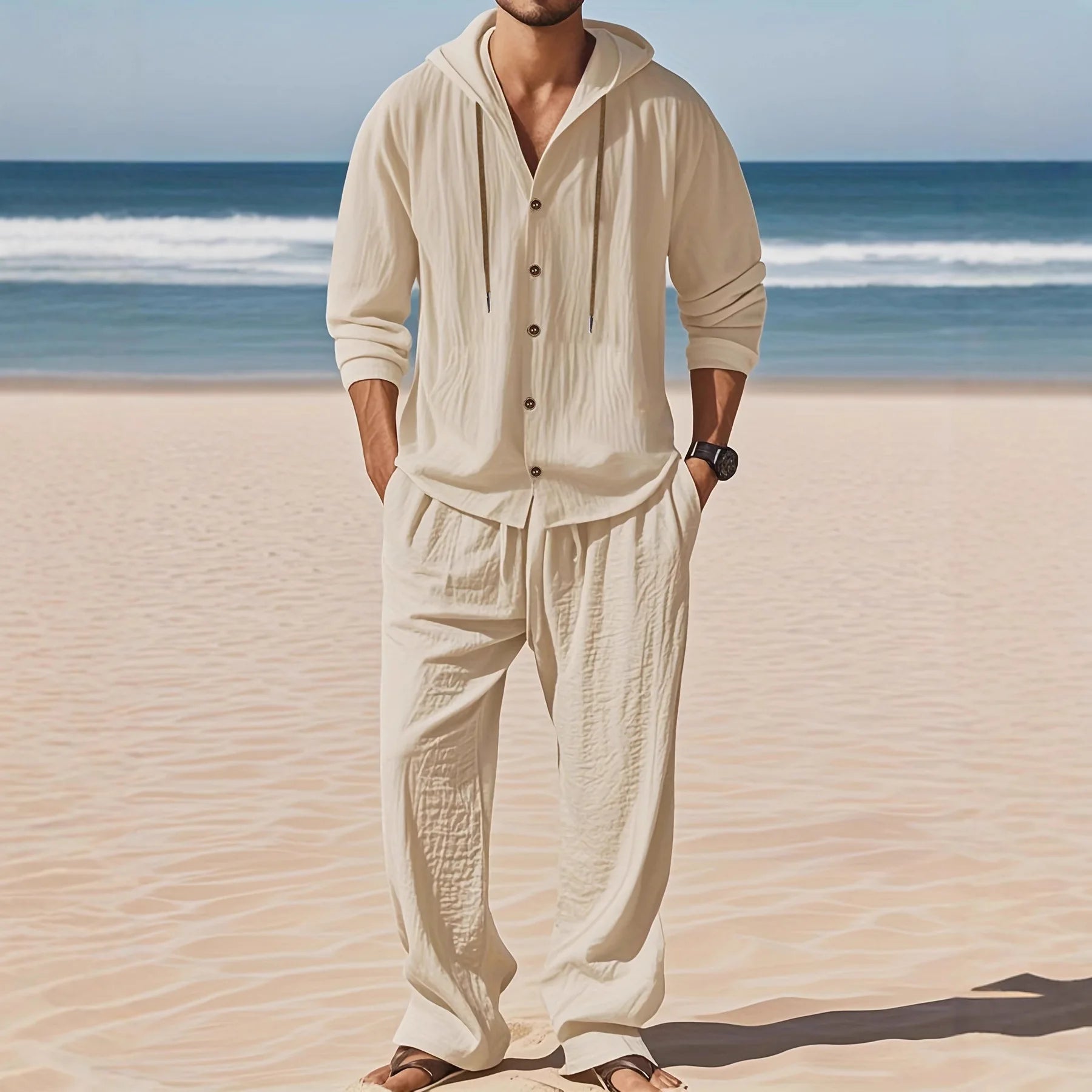 Men's Linen Long-Sleeved Shirt And Pants Set Breathable Outdoor Leisure Hiking Beach Sports Clothing for Spring Summer Autumn