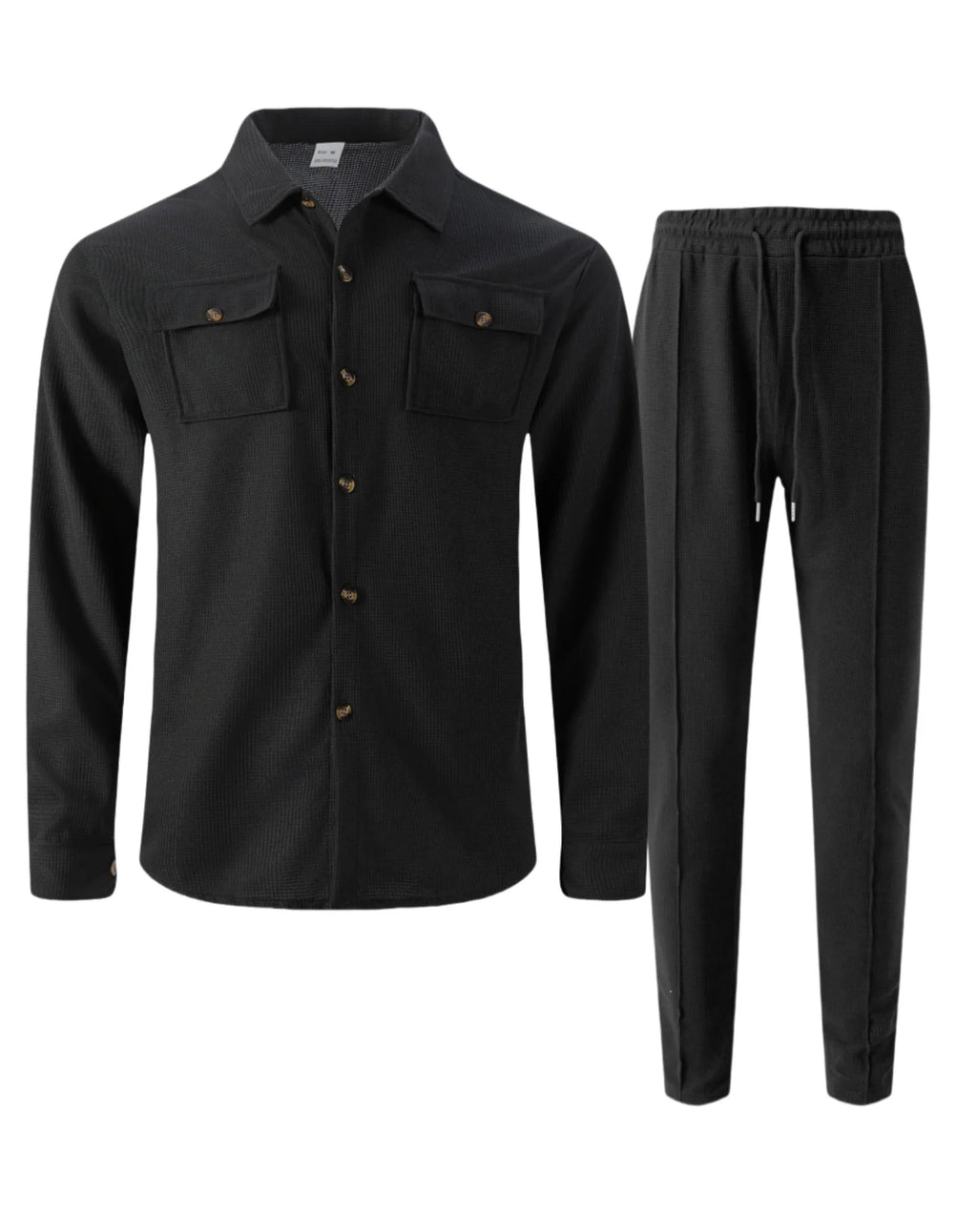 Men's casual two-piece waffle texture suit (including button-down top and elastic waist pants) - fashionable street casual sport