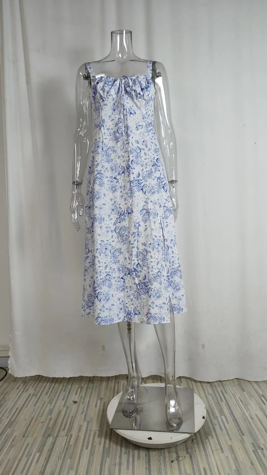 Women Summer Dress 2024 Fashion Floral Print Halter Sling V Neck Bra Sleeveless Gentle Woman mid-calf Dresses Vestidos GHH24128