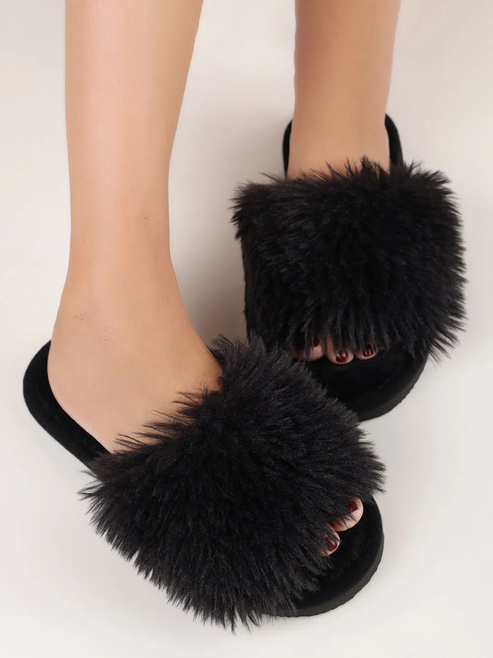 Women's Plush Faux Fur Slippers Winter House Carpet Fluffy Sandals Spring Autumn Outdoor Walking Open Toe Flip Flops