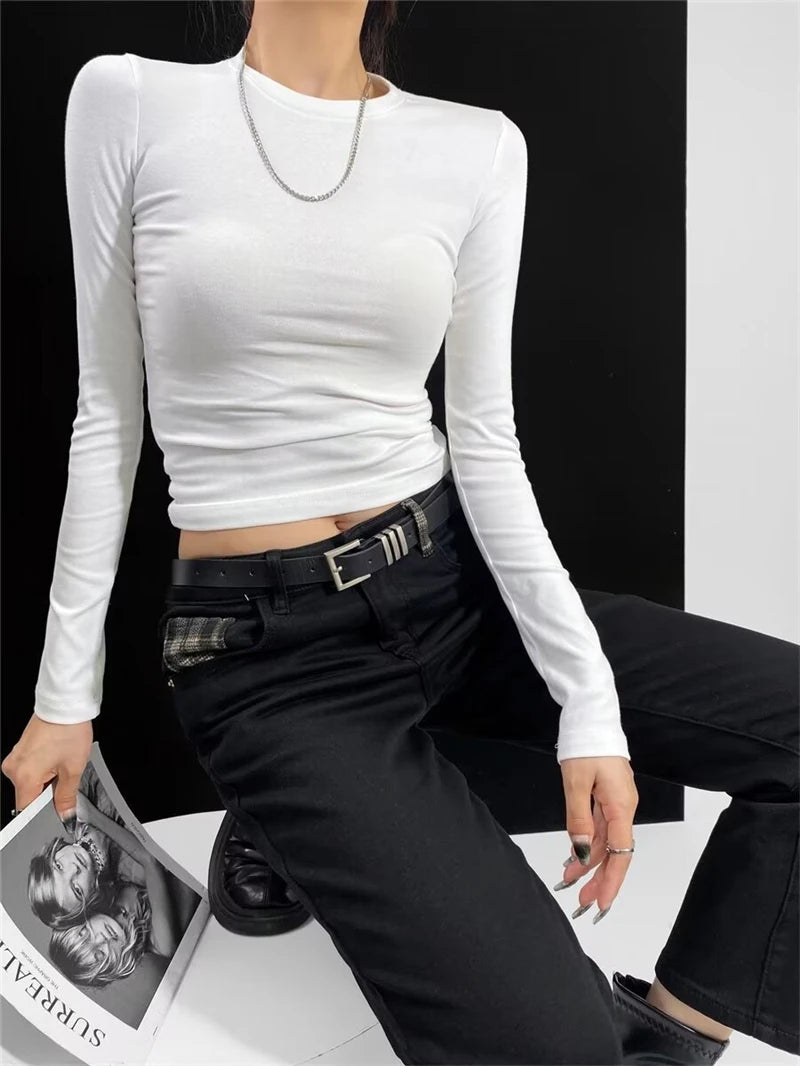 LUNDUNSHIJIA O-neck Long Sleeve T-shirts For Women 2025 New Spring Ladies Solid Cotton Slim Tee Shirts 10 Colors