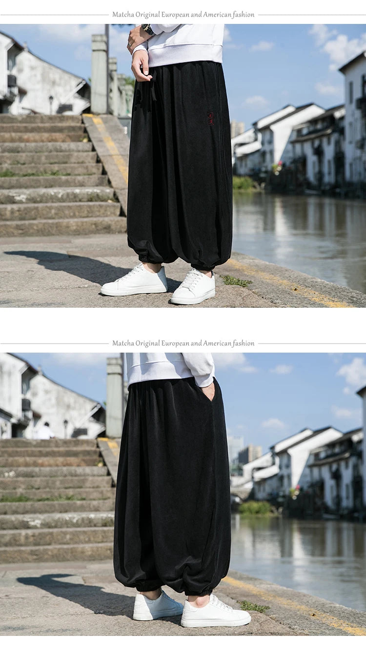 2024 Autumn Winter Men Polar Fleece Pants Men Velvet Retro Harem Pants Male Solid Color Wide Leg Pants Harajuku Jogging Trousers
