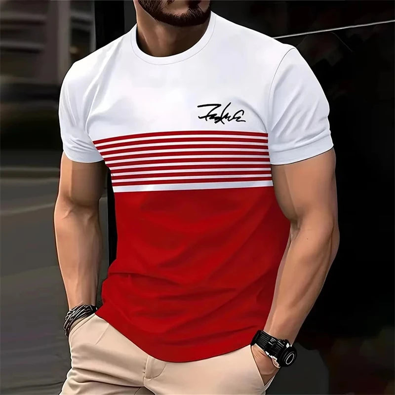 Business Casual Men's Striped T-shirt Simple Word Print Round Neck White T Shirts Summer Streetwear Breathable Loose Top Men