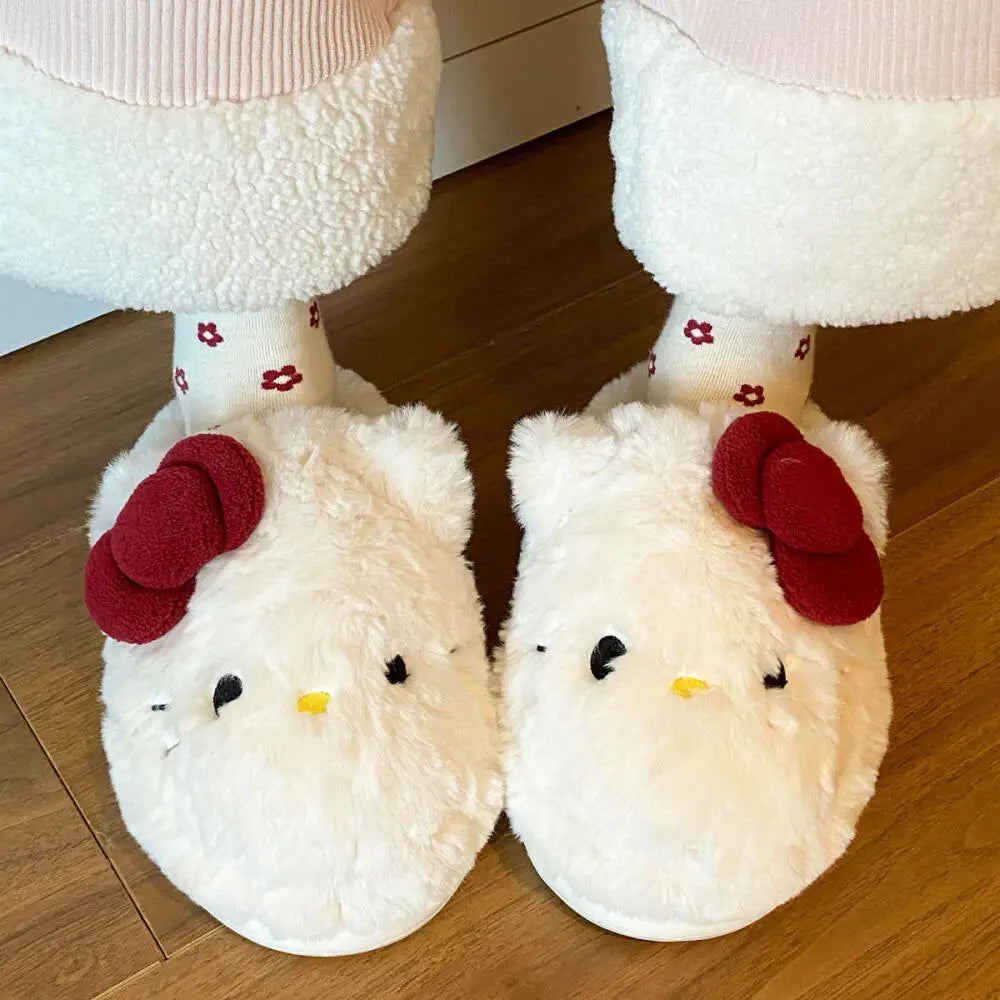 New Cartoon Hello Kitty Plush Slippers Sanrio Cute Female Anime Autumn Winter Home Plus Velvet Warm Thick Sole Baotou Slippers