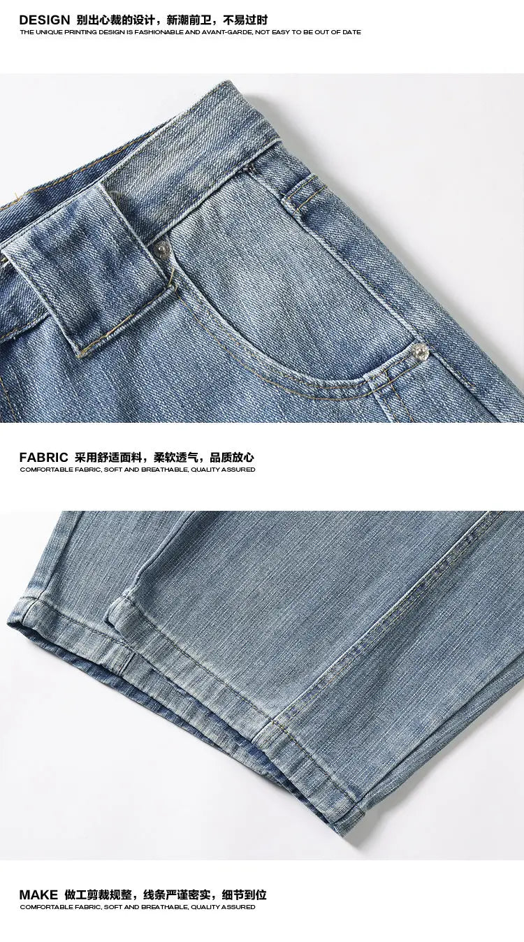 Retro Distressed Wide Leg Curved Jeans Men Y2K Hip Hop Baggy Denim Pants Streetwear Casual Trousers