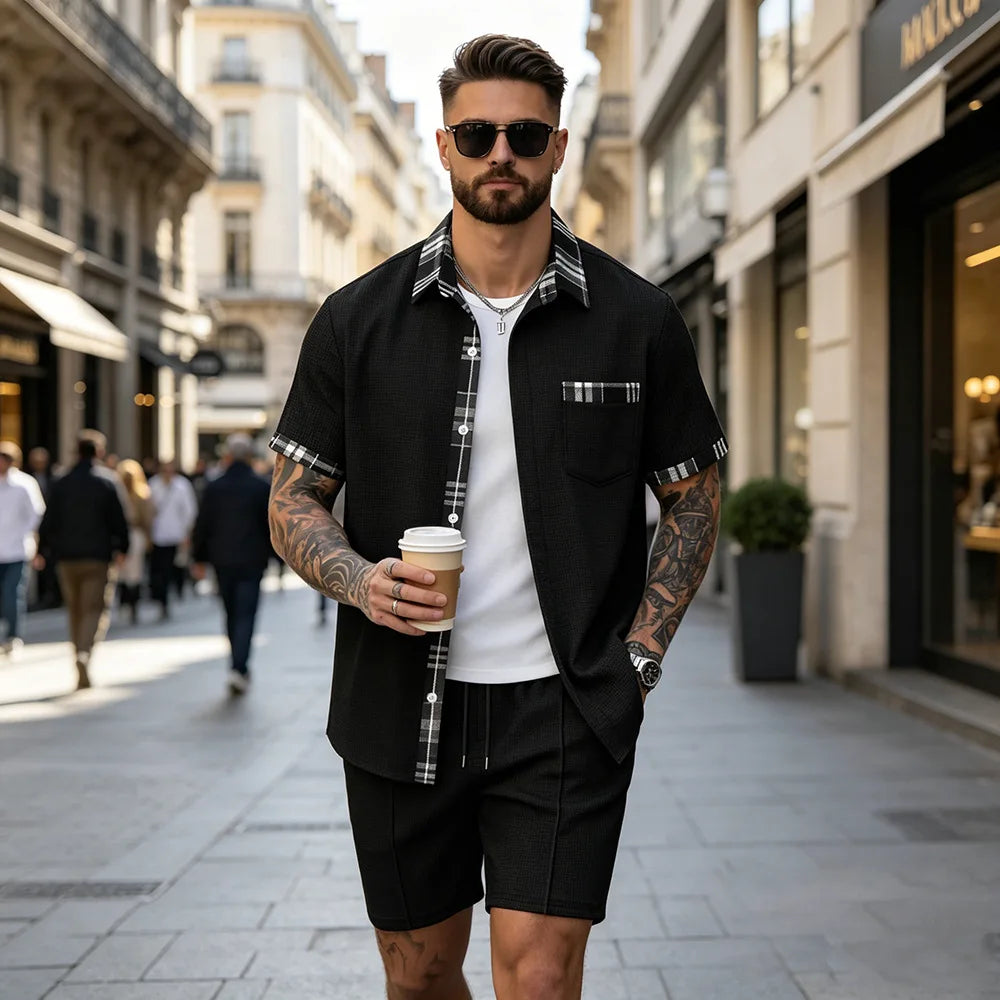 Summer New Waffle Set, Men's Plaid Spliced Short-Sleeve Shirt & Shorts, Casual Two-Piece Outfit F156D