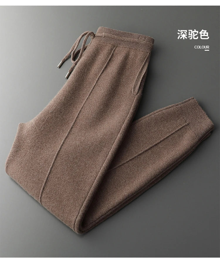 Autumn and Winter Thickened High Waisted 100% Merino Wool Men's Pants Small Leg Pants Casual Business Knitted Sweatpants Warm