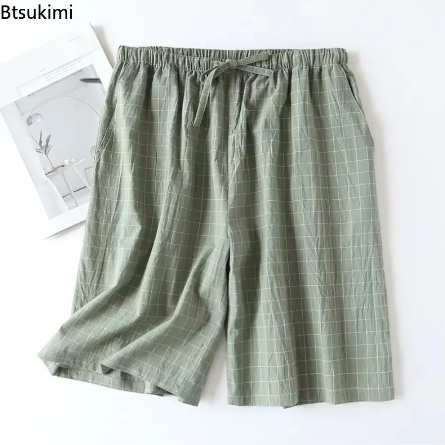 New 2026 Men's Sleepwear Pajama Shorts Plaid Design 100% Cotton Casual Loose Double-layer Homewear Sleep Bottoms Male Home Pants