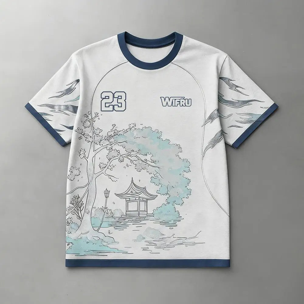 Traditional Ink Painting Graphic Football T-shirt WIFRU Japanese Anime Style Sports Training Jersey Men's Breathable Casual Tops