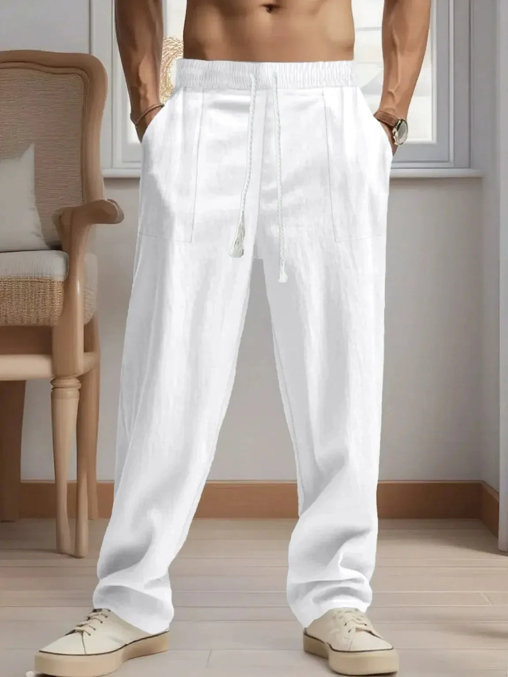 Men's Cotton-Linen Casual Breathable Pants Loose Straight Cut Streetwear Sporty Long Trousers Comfortable Fashion