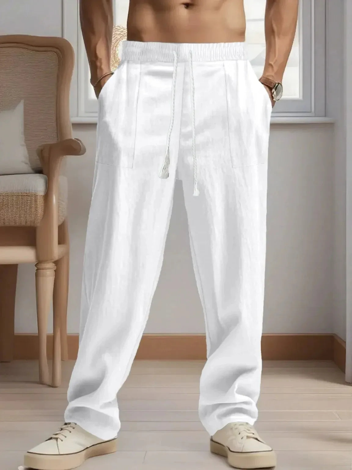 Men's Cotton-Linen Casual Breathable Pants Loose Straight Cut Streetwear Sporty Long Trousers Comfortable Fashion