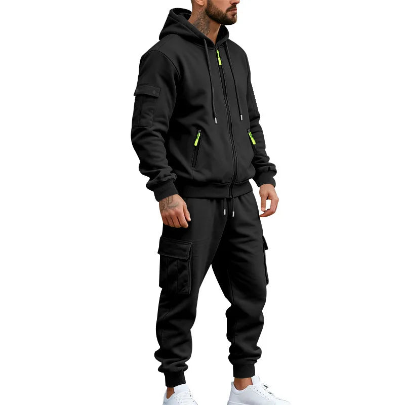Men's Full Zip Hooded Tracksuit 2 Piece Set Casual Cargo Pocket Jogger Suit Outdoor Sports Hoodie And Pants Set