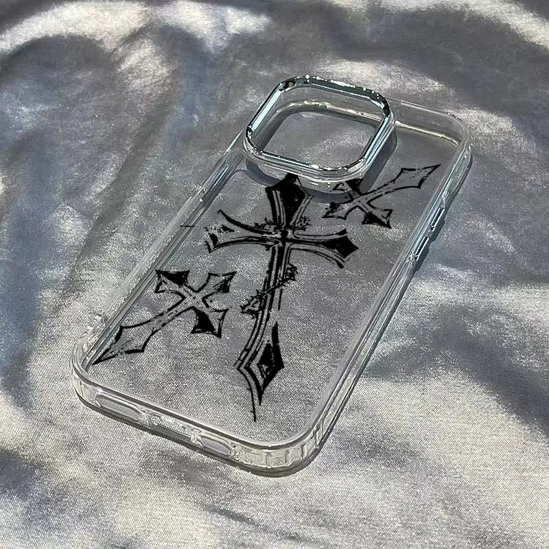 Cool Dark Gothic Cross Mark Phone Case for iPhone 17 16e 16 15 14 13 12 11 Pro Max X XS XR 8 7 Air Plus Transparent Soft Cover