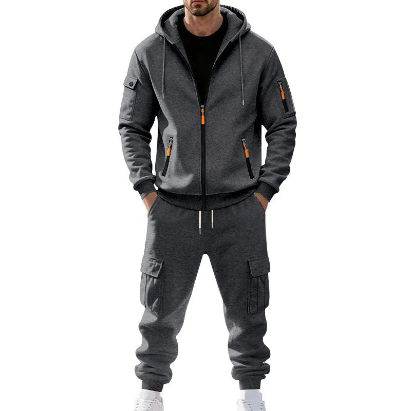 Men's Full Zip Hooded Tracksuit 2 Piece Set Casual Cargo Pocket Jogger Suit Outdoor Sports Hoodie And Pants Set