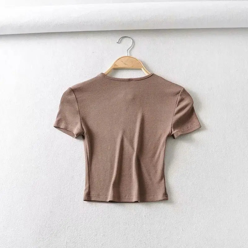Summer Woman Slim Fit t-shirt tight Cotton Short-Sleeve O-neck tee Crop Tops