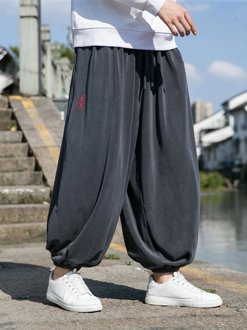 2024 Autumn Winter Men Polar Fleece Pants Men Velvet Retro Harem Pants Male Solid Color Wide Leg Pants Harajuku Jogging Trousers