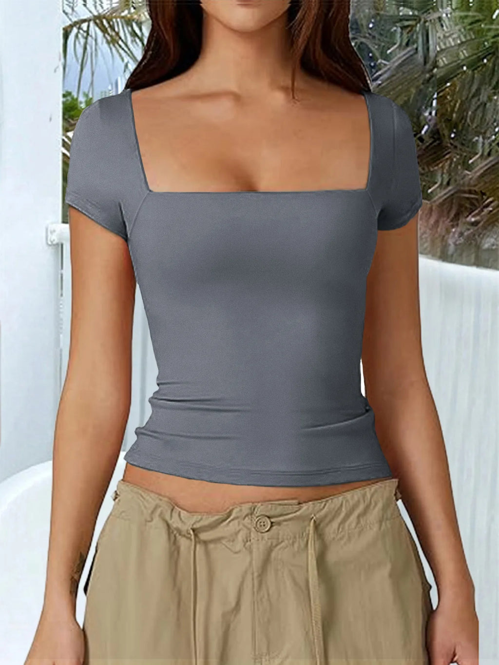 New Arrival Hot Seller 2024 Spring/Summer T-Shirt Women's Casual Square Neck Solid Color Slim-Fit Crop Top Short Sleeve