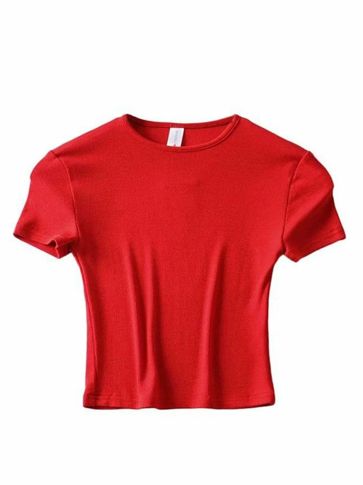 Summer Woman Slim Fit t-shirt tight Cotton Short-Sleeve O-neck tee Crop Tops
