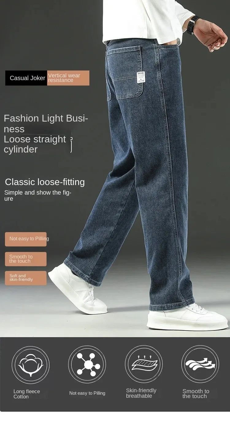 Autumn Winter  Brand New High Waist Jeans Classic Business Casual Office Men's Fashion Stretch Slim Denim Jeans Navy Blue