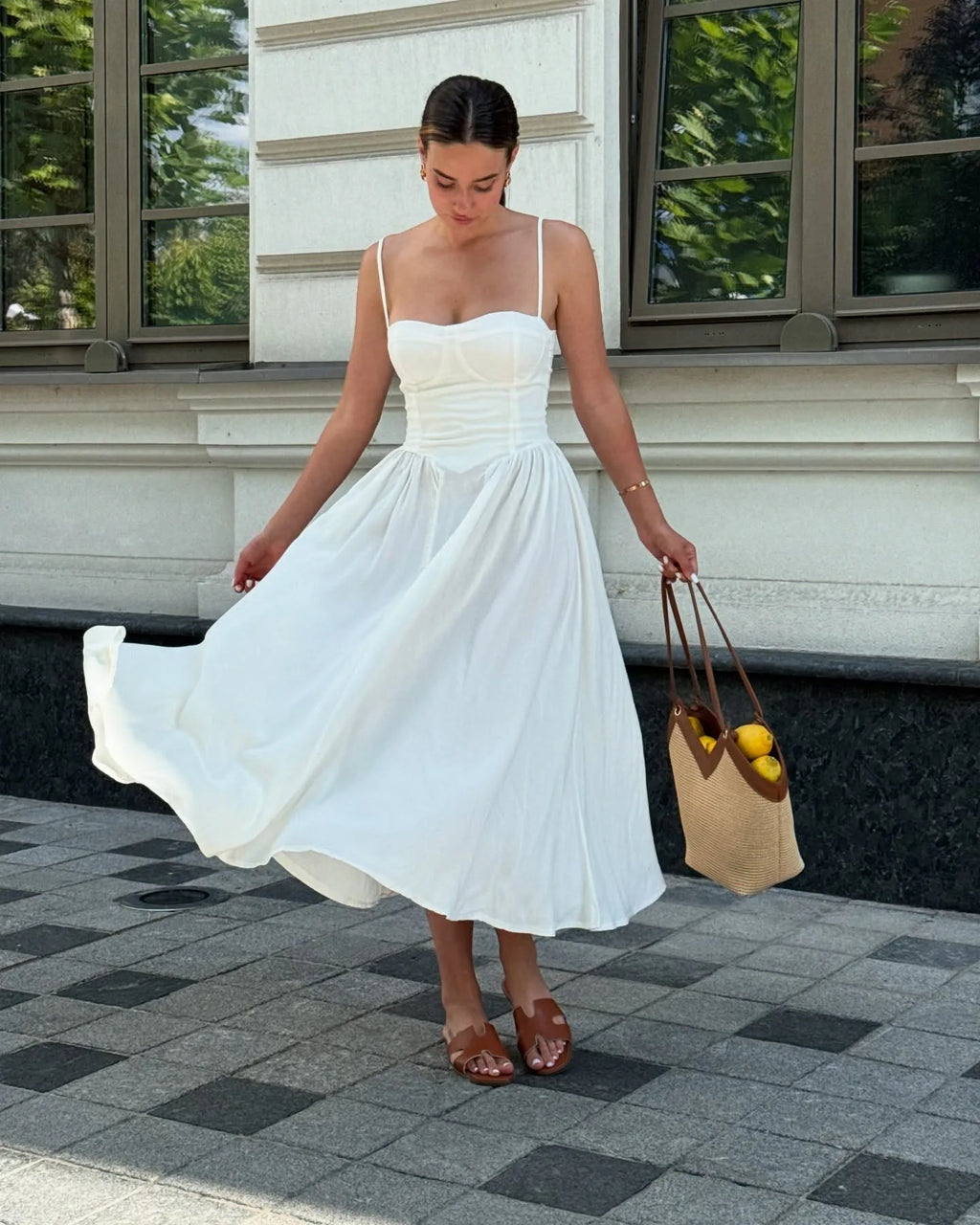 Vintage Floral Midi Dress Women's High Waist A-Line Sundress Green Dresses Summer Female 2025 Wedding Guest New White Evening