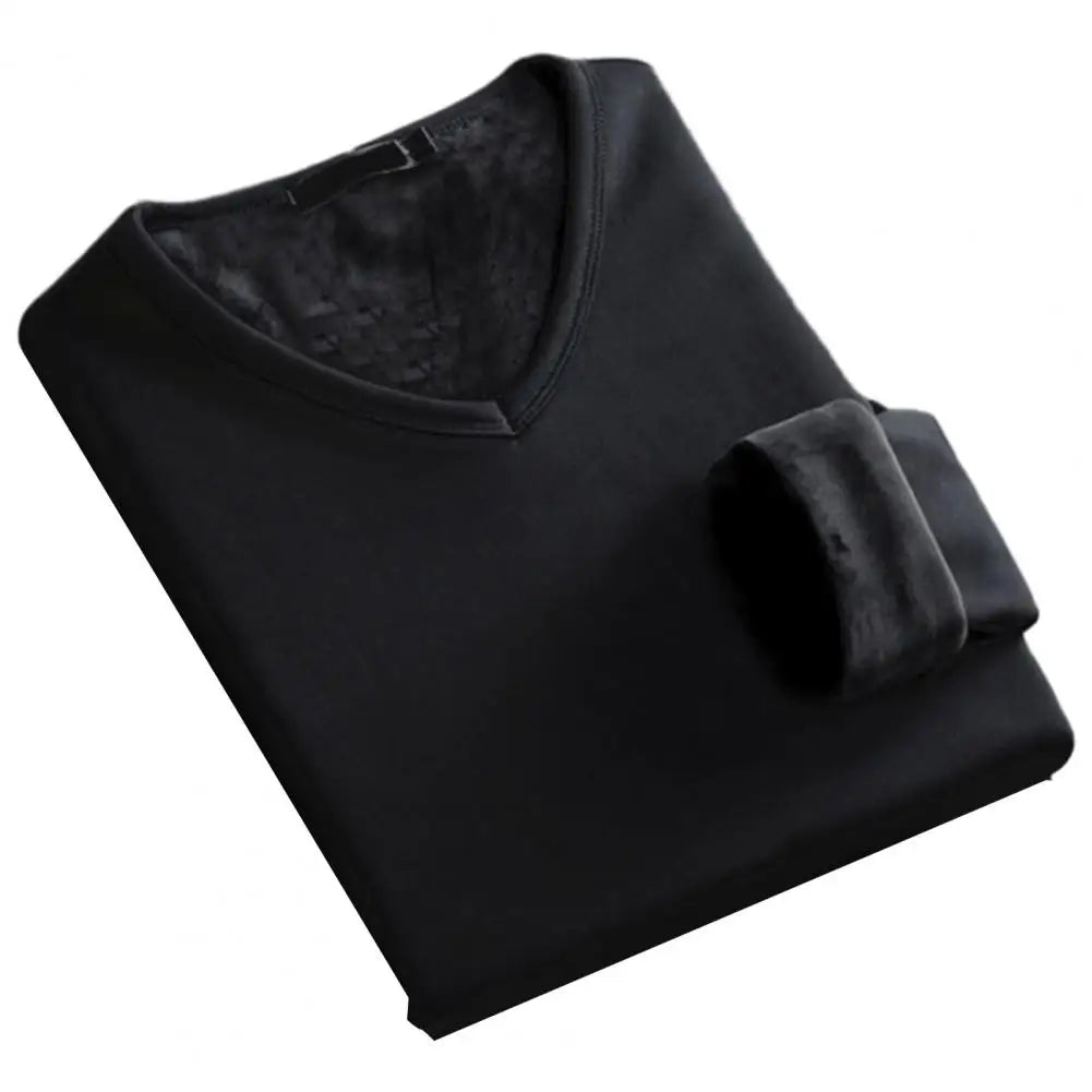 Winter Men Top V Neck Velvet Lined Warm T-shirt Long Sleeve Soft Pullover Casual Men Base Top Plus Size Men Bottoming T-shirt