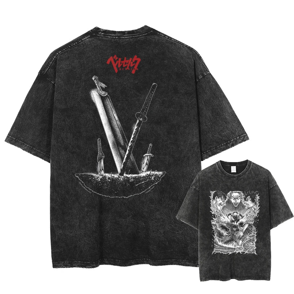 Anime Berserk Guts Printed Washed T-shirt Men Manga Street Tshirts Washed Cotton Harajuku Male Vintage Gothic Tops T Shirt