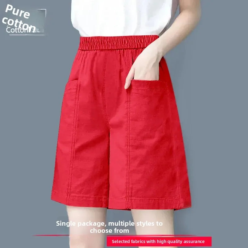 Summer Casual Loose High Waist Slimming Cotton Wide Leg Five-Quarter Length Women's Shorts Versatile Workwear Style Shorts