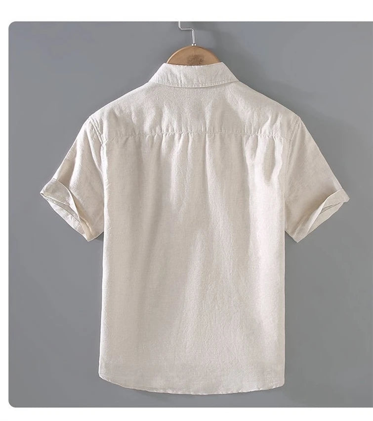Men's Cotton Linen Short-Sleeved Shirt Summer Streetwear Plain Color Stand Collar Casual Beach Style plus Size M-3XL