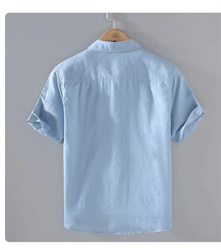 Men's Cotton Linen Short-Sleeved Shirt Summer Streetwear Plain Color Stand Collar Casual Beach Style plus Size M-3XL